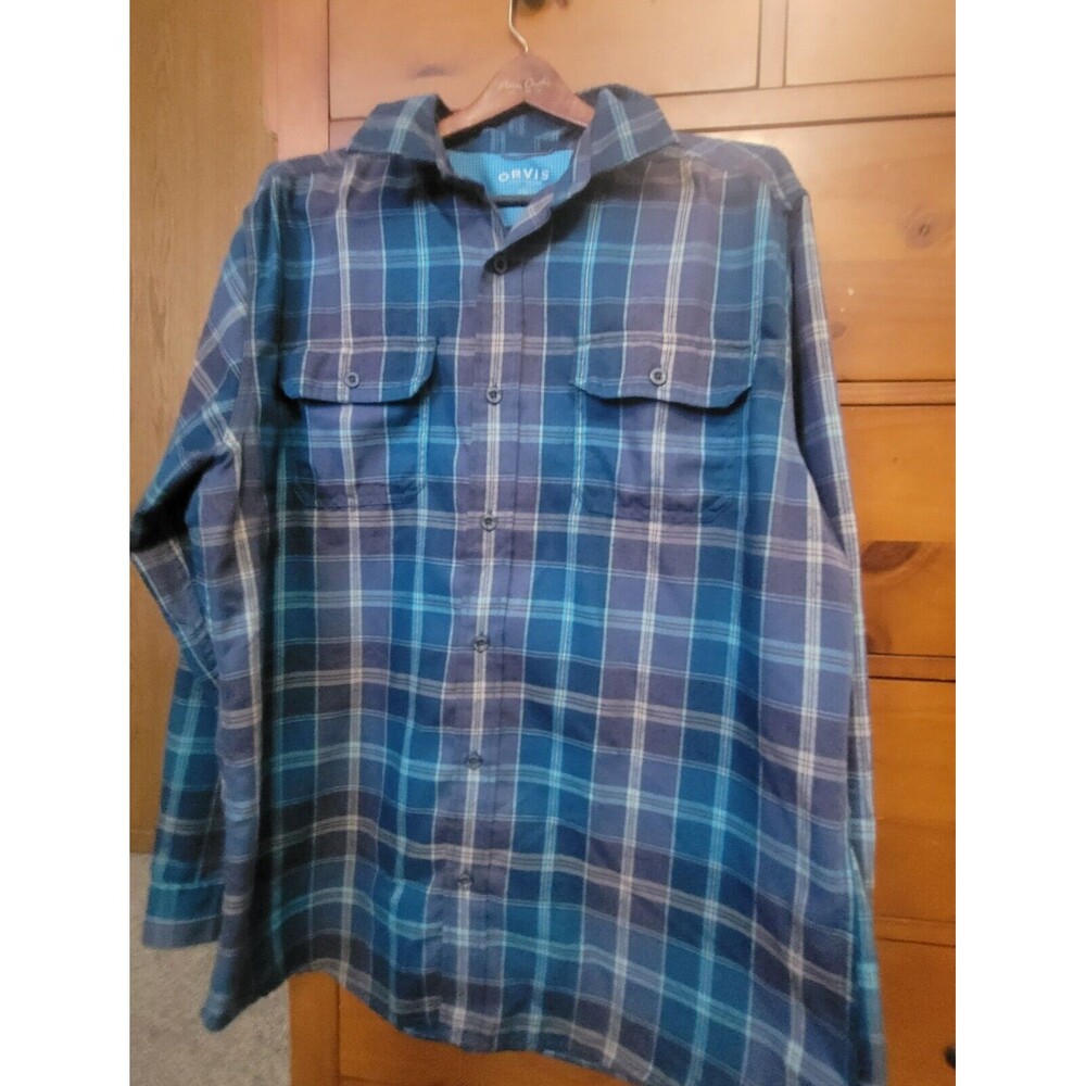 Orvis Shirt Mens XL Blue Purple Plaid Double Pocket Button Down Polyester